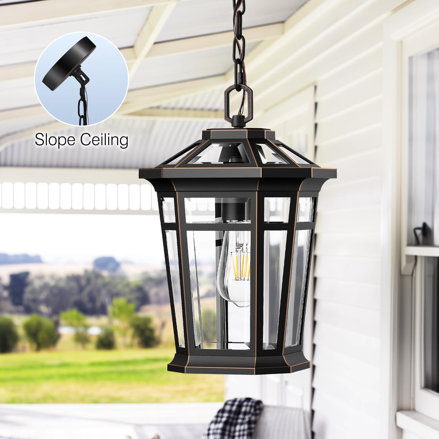Vianis Large Outdoor Pendant Light With Adjustable Chain  Black Hanging Lights With Gold Trim  Aluminum Outdoor Chandelier For Porch With Tempered Glass  Hanging Lighting For House  Doorway  Entryway