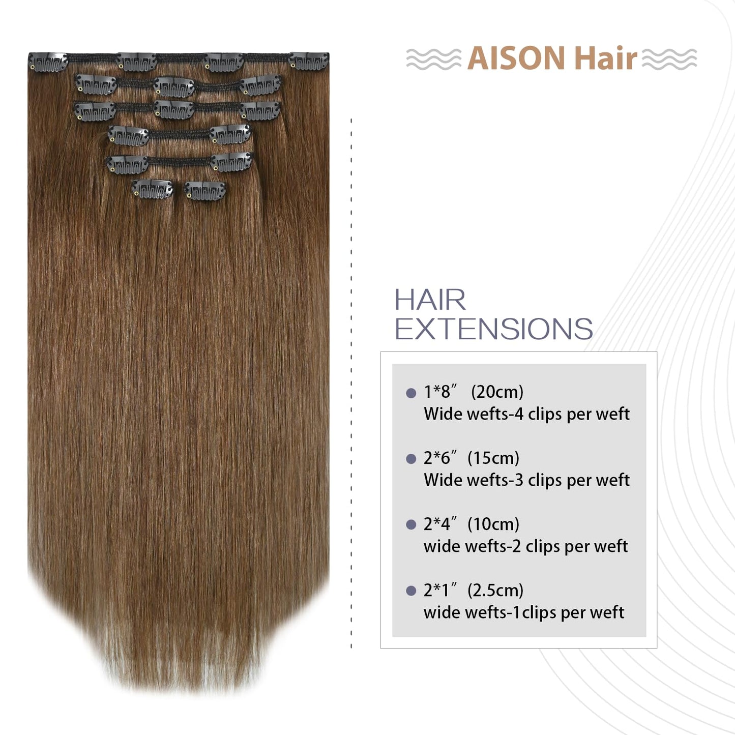 Aison Light Brown Hair Extensions Clip in Human Hair 7pcs Remy Hair 16clips for Women #6 Chestnut Brown Hair Extensions 14 Inch