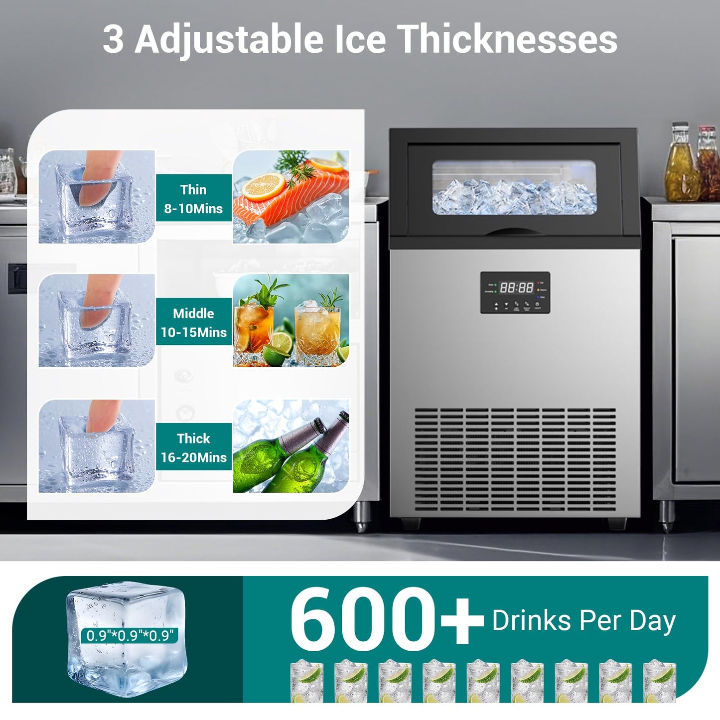 ETL Approval Commercial Ice Maker Machine 200 Lbs/24H Stainless Steel, with 50Lbs Storage Bin, Under Counter or Freestanding Ice Maker, 55 Ice Cubes in 8-15 Minutes for Home & Commercial