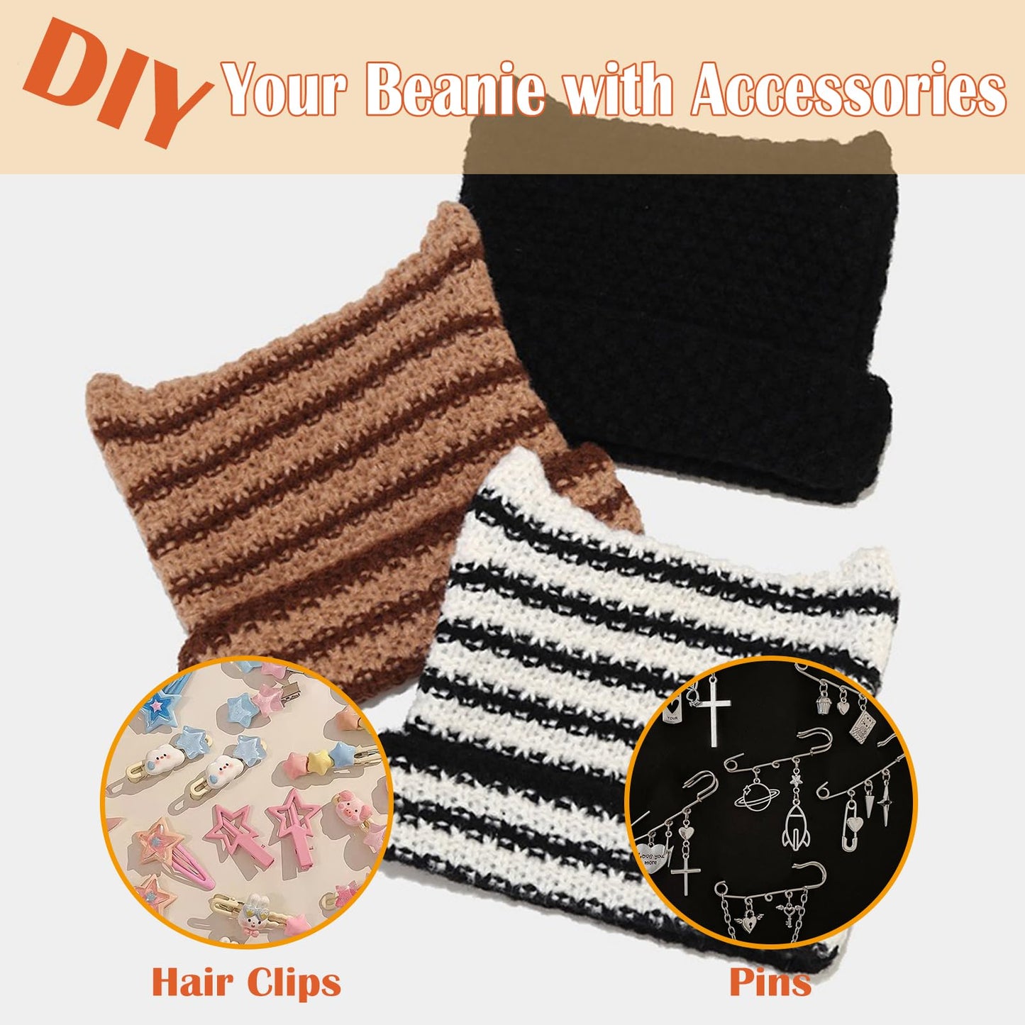 Women Striped Beanie Hat with Little Devil Horn Winter Warm Cap Cute Cat Ears Knitted Hat Fall (Black and White)