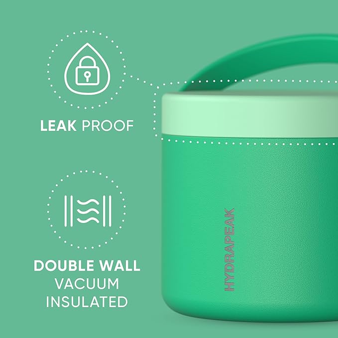Hydrapeak 18oz Stainless Steel Vacuum Insulated Food Jar | Hot Food and Cold Food, Wide Mouth Leak-Proof Soup for Adults, 10 Hours Hot and 16 Hours Cold (Jade)