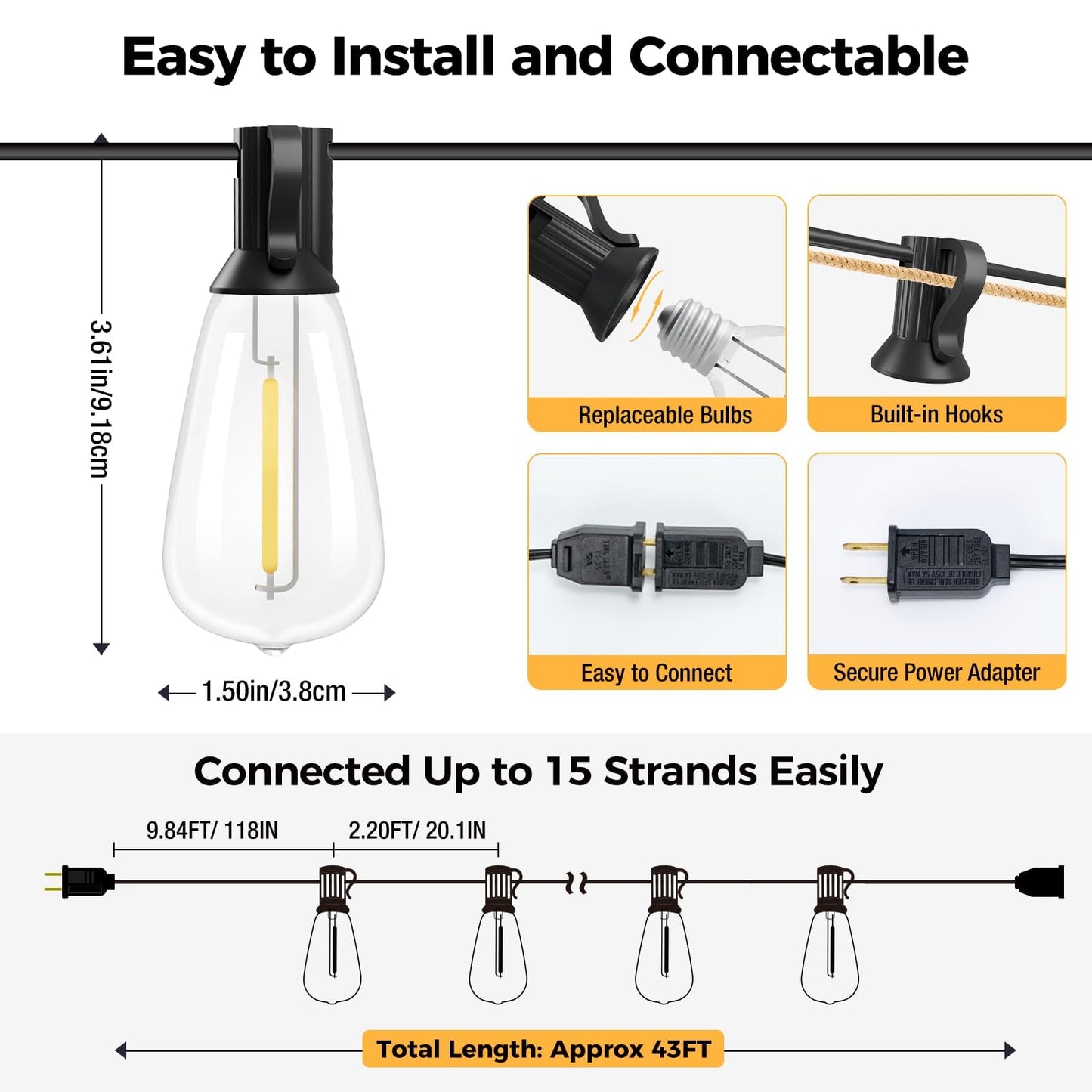 Litogo 42Ft Led Outdoor String Lights, Waterproof Warm White Patio Lights With St38 Vintage Edison Bulbs, Model Lg01Zz01