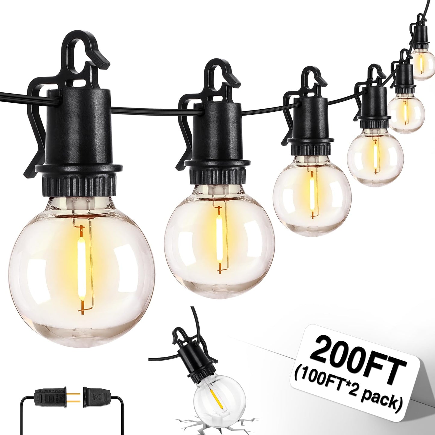 ZJOJO Outdoor String Lights, G40 Globe, 100 Shatterproof LED Bulbs, 200FT, Waterproof, Black