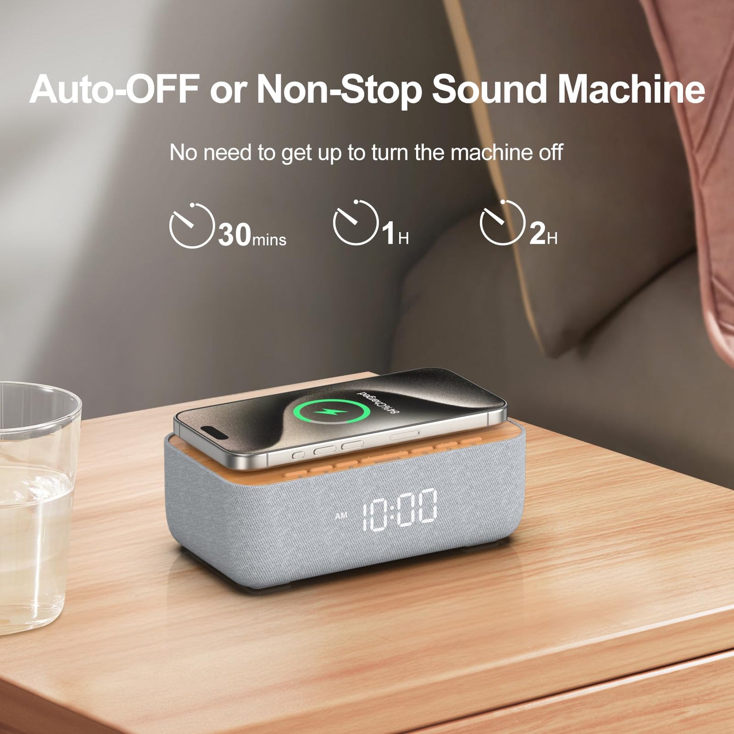 REACHER 15W Fast Magnetic Wireless Charging Alarm Clock with White Noise Machine, Woodgrain Style, 20 High‑Fidelity Sounds, Gradual Wake & Snooze, 0–100% Dimmable Digital Clock, Bedroom & Office