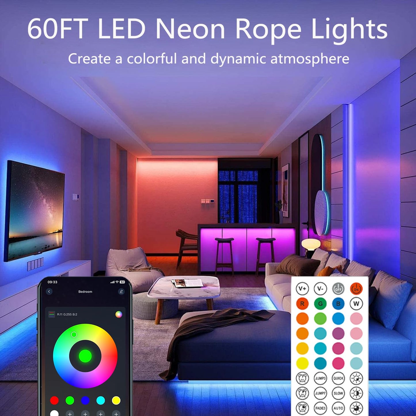 httpsmp 60FT Neon Rope Lights,Flexible Led Light Control with App/Remote,Multiple Modes,IP67 Outdoor Waterproof,Music Sync Strip for Bedroom