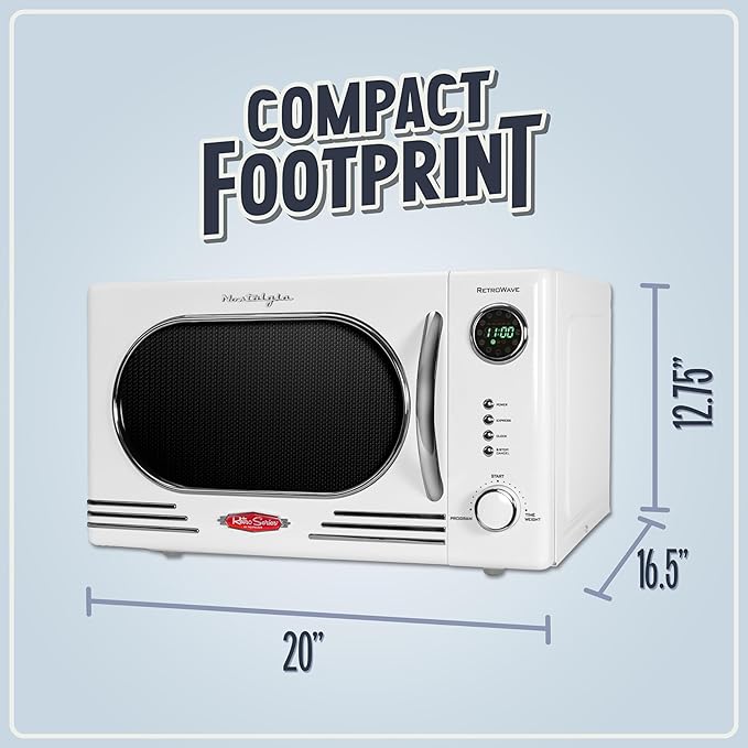 Nostalgia Retro Countertop Microwave Oven - 1.1 Cu Ft & 1000 Watt Power- Easy to Clean with Removable Glass Turntable - Child Safety Lock - 12 Programs - Digital Clock - White
