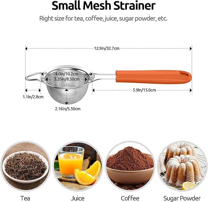U-Taste Fine Mesh Food Strainer: 18/8 Stainless Steel 30 Mesh Kitchen Sieve with Sturdy Riveted Silicone Handle, Heavy Duty Deep Handheld Metal Colander (Small/3.35in+Medium/4.73, Orange)