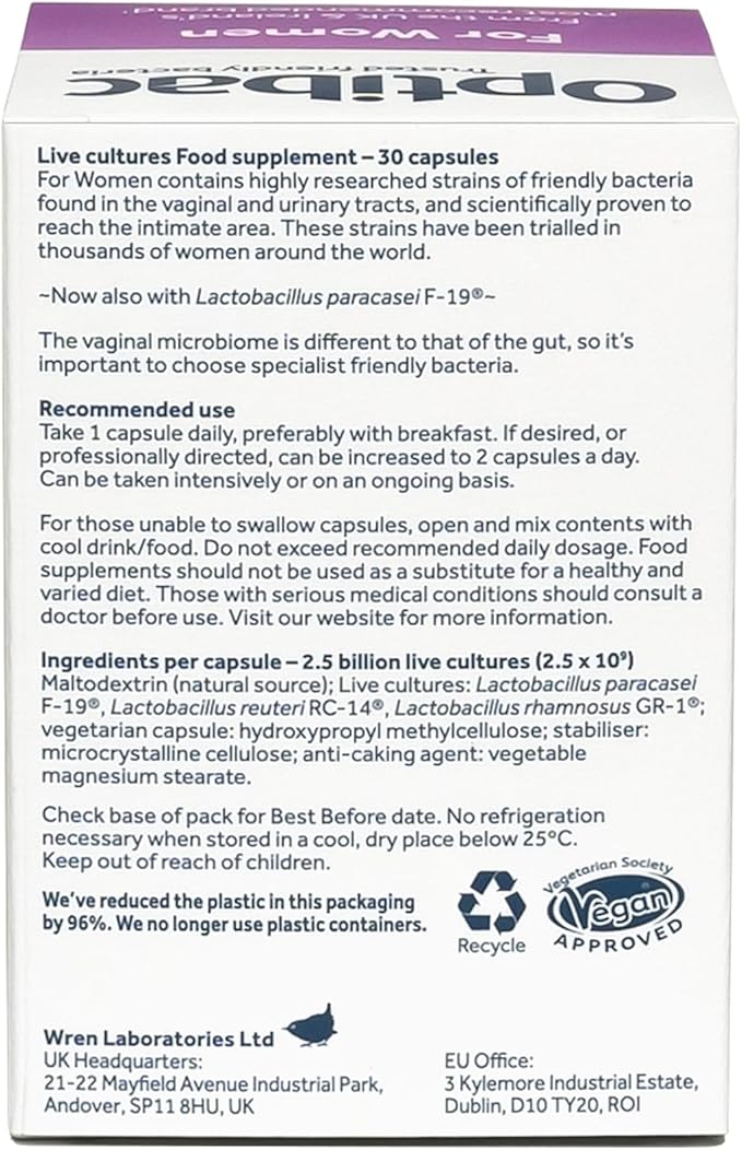 Optibac Probiotics For Women - Vegan Probiotic to Support Vagina Flora and Urinary Tract Health, 2.5 Billion CFU - 30 Capsules
