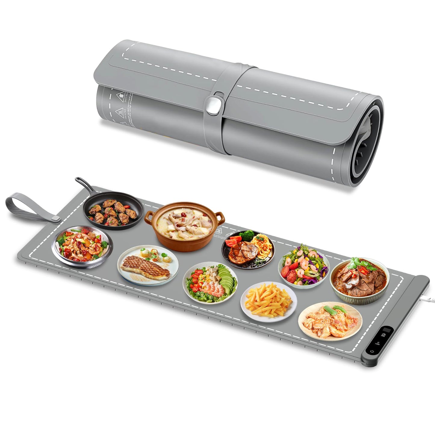 Mangoin Food Warming Mat Extra Large, Electric Warming Tray with 6 Temperature Settings and Hours Timer, Full Surface Heating Food Warmer Mat, Silicone Heating Tray for Gatherings Parties, Grey