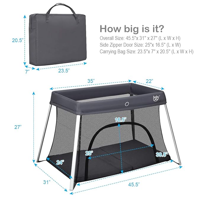 BABY JOY Baby Foldable Travel Crib, 2 in 1 Portable Playpen with Soft Washable Mattress, Side Zipper Design, Lightweight Installation-Free Home Playard with Carry Bag, for Infants & Toddlers (Grey)