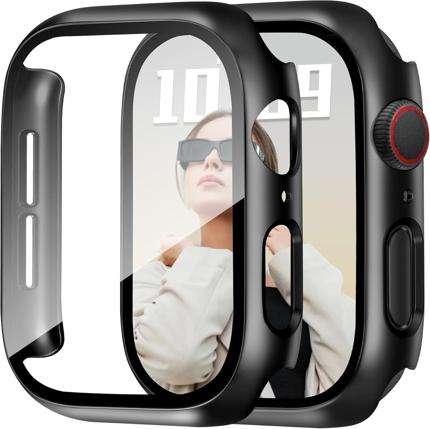 JR.DM 44mm 2 Pack Hard PC Case with HD Tempered Glass Screen Protector for Apple Watch Series 6/5/4/SE/SE2/SE3, Guard Bumper Full Coverage Protective Anti-Scratch Face Cover for iWatch, Black+ Black