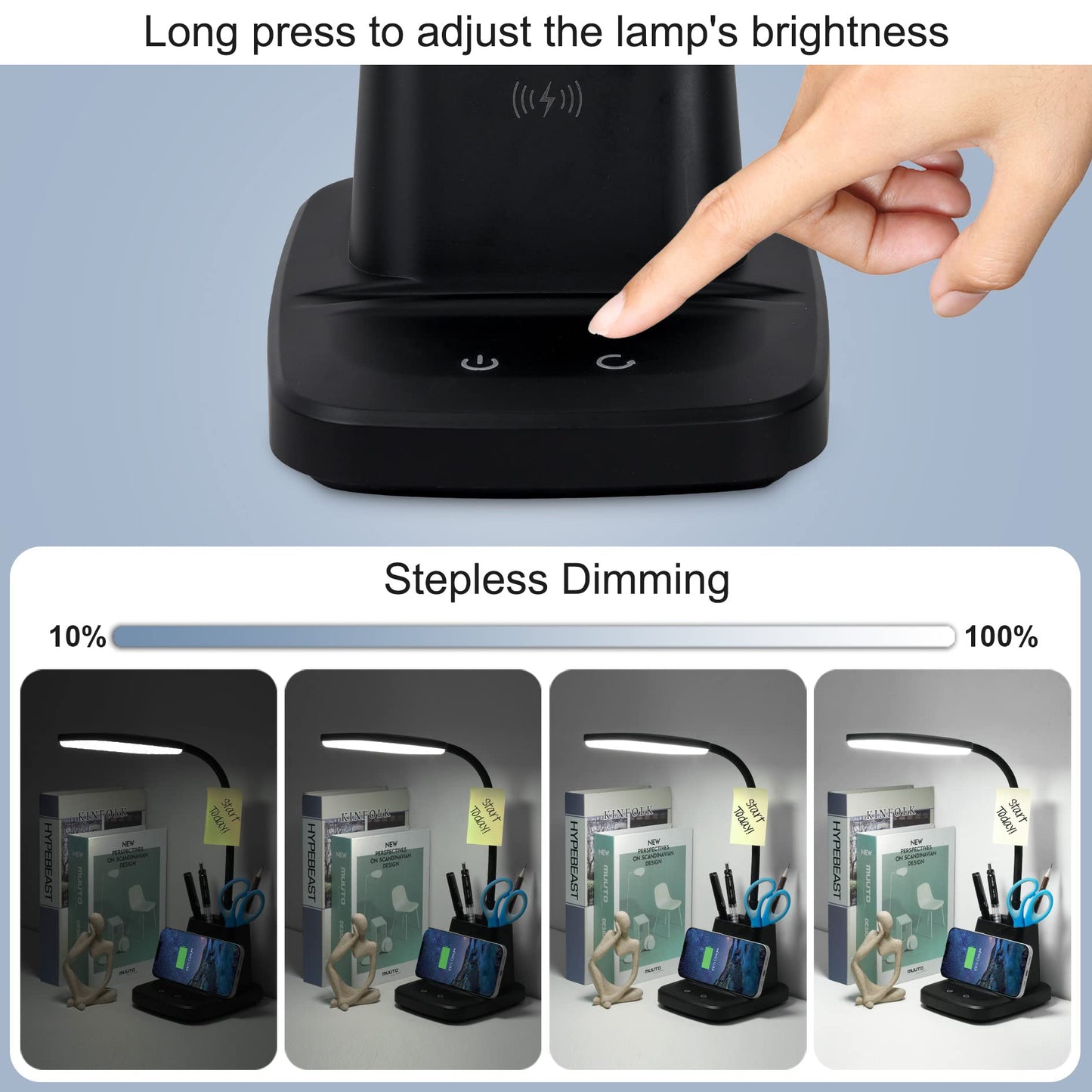 Sailstar Led Desk Lamp With Wireless Charger, 3 Color Modes, Stepless Dimming, Black, Acrylic, 800 Lumen, Ideal For Home Office And Dorm Room