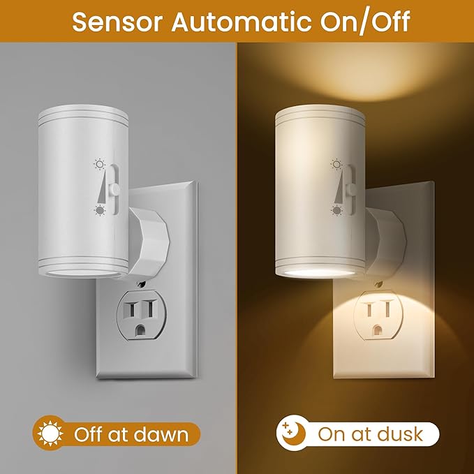 LED Plug-in Wall Night Light with Dimmable 0-300 Lumens, 2700K Warm White, Auto On/Off Light Sensor & Adjustable Head for Hallway, Stairs, Bedroom,2 Pack