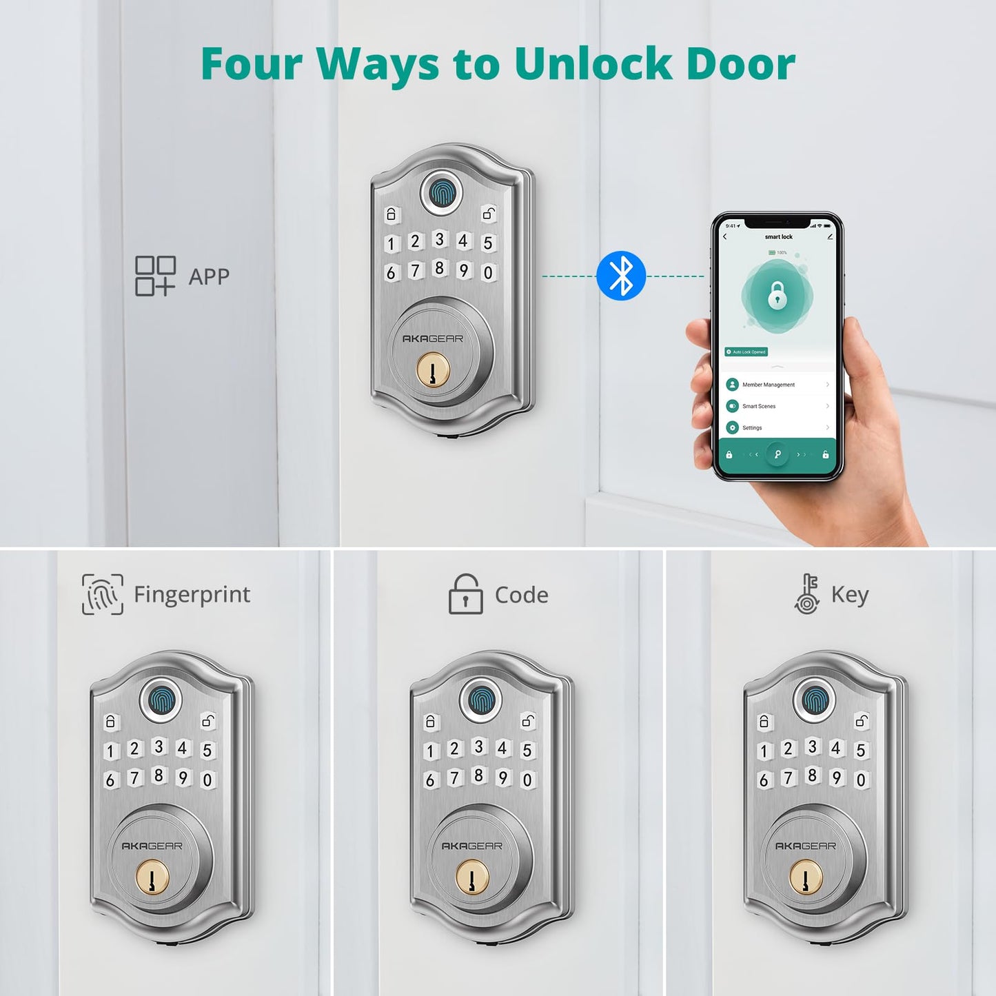 AkaGear DS10 Pro Keyless Entry Door Lock with Handle - 2 Lever Handles, Bluetooth APP Control, Fingerprint Door Locks, Electronic Keypad Deadbolt Lock, Smart Doors Lock, Auto-Lock, Satin Nickel