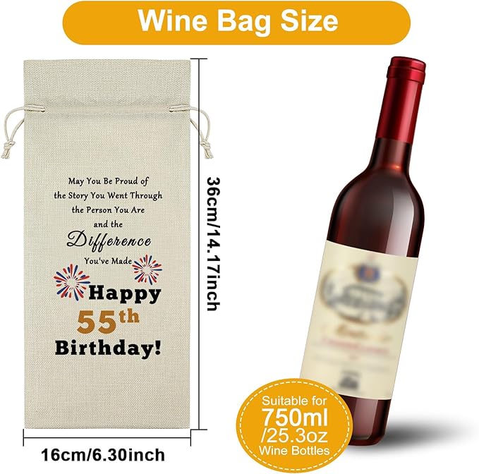 Sazuwu Happy 55th Birthday Gifts Wine Bag Inspirational Birthday Quotes Wine Accessories Gifts for Wine Lovers Born in 1969 Gifts for Mom Dad Funny Gifts for Turning 55 Wine Bottle Decoration Bag