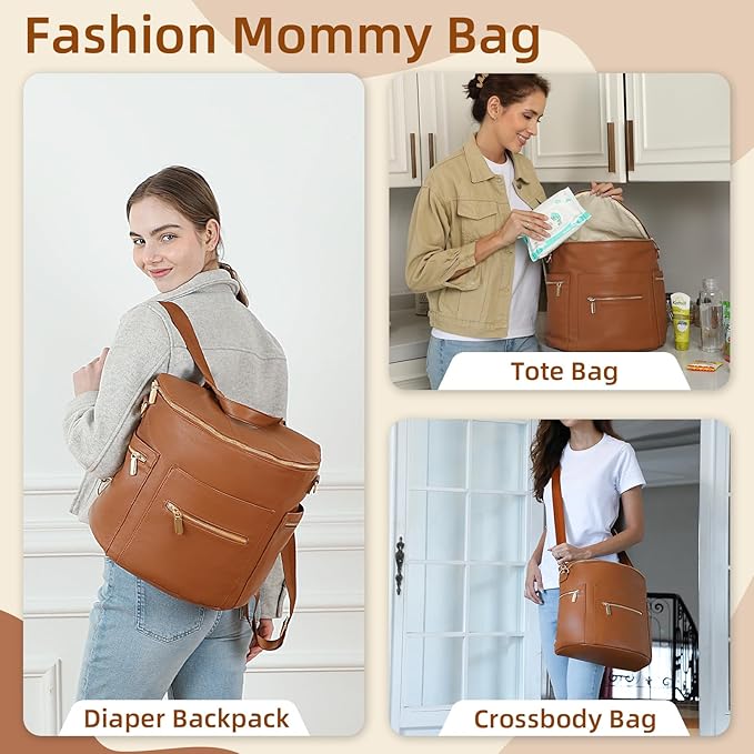 miss fong Diaper Bag Backpack Baby Diaper Bag, Large Leather Diaper Backpack with 16 Pockets Travel Diaper Bag with Diaper Changing Pad, Stroller Straps & 2 Insulated Pockets (Regular, Cognac)