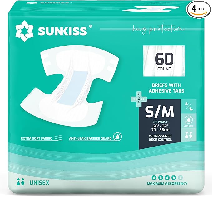 SUNKISS TrustPlus Adult Diapers with Maximum Absorbency, Disposable Incontinence Briefs with Tabs for Men and Women, Maximum Overnight Absorbency, Small/Medium, 60 Count (4 Packs of 15)