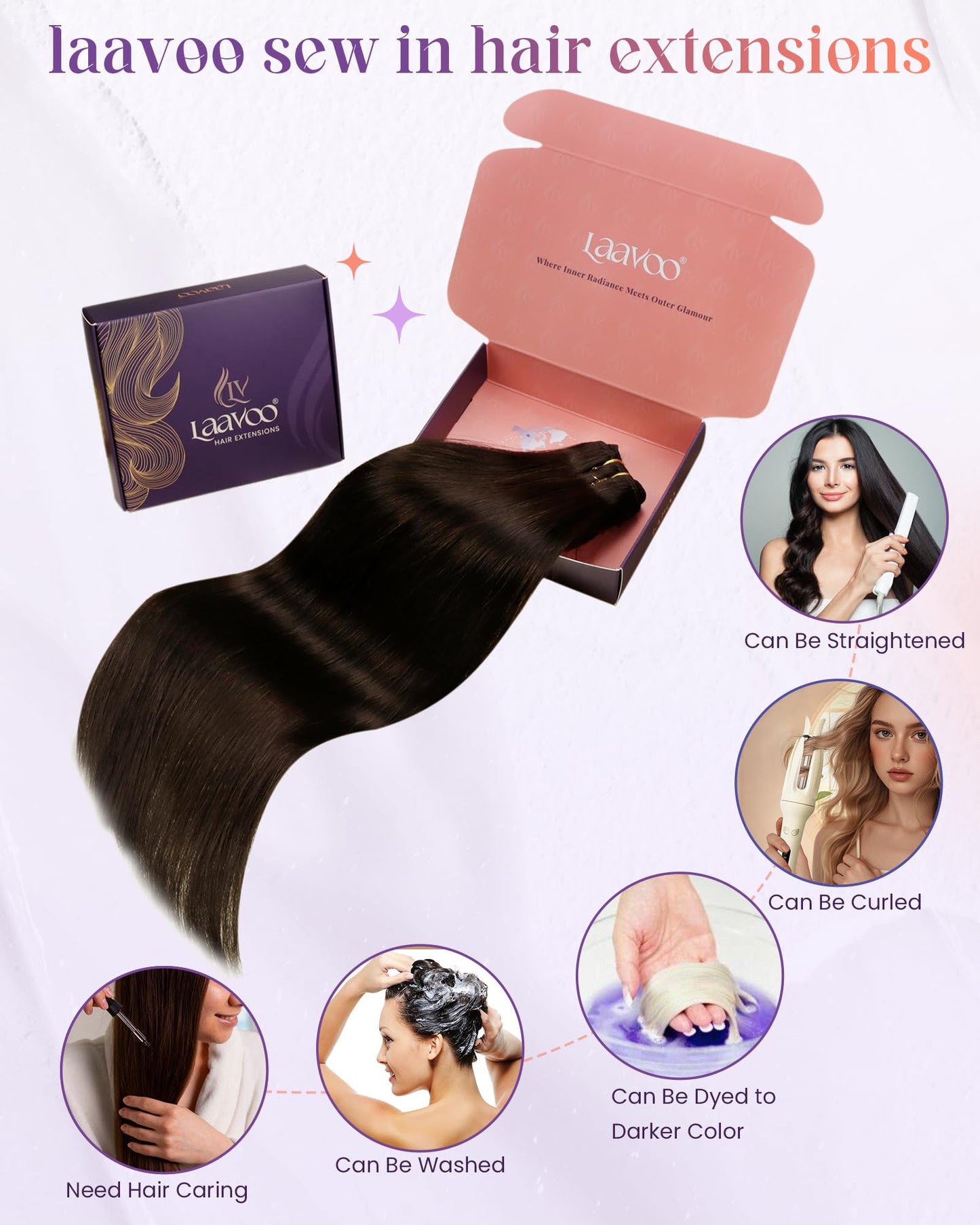 LaaVoo Weft Hair Extensions Human Hair Dark Brown Sew in Hair Extensions Real Human Hair for Women Brown Sew in Weft Hair Extens