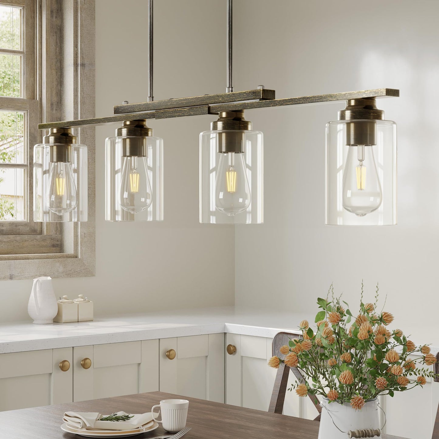 Vonluce Kitchen Island Lighting  4-Light Dining Room Light Fixture Over Table With Glass Shade And Adjustable Rods  Farmhouse Linear Chandelier For Kitchen Living Room  Antique Black  Etl Certificated