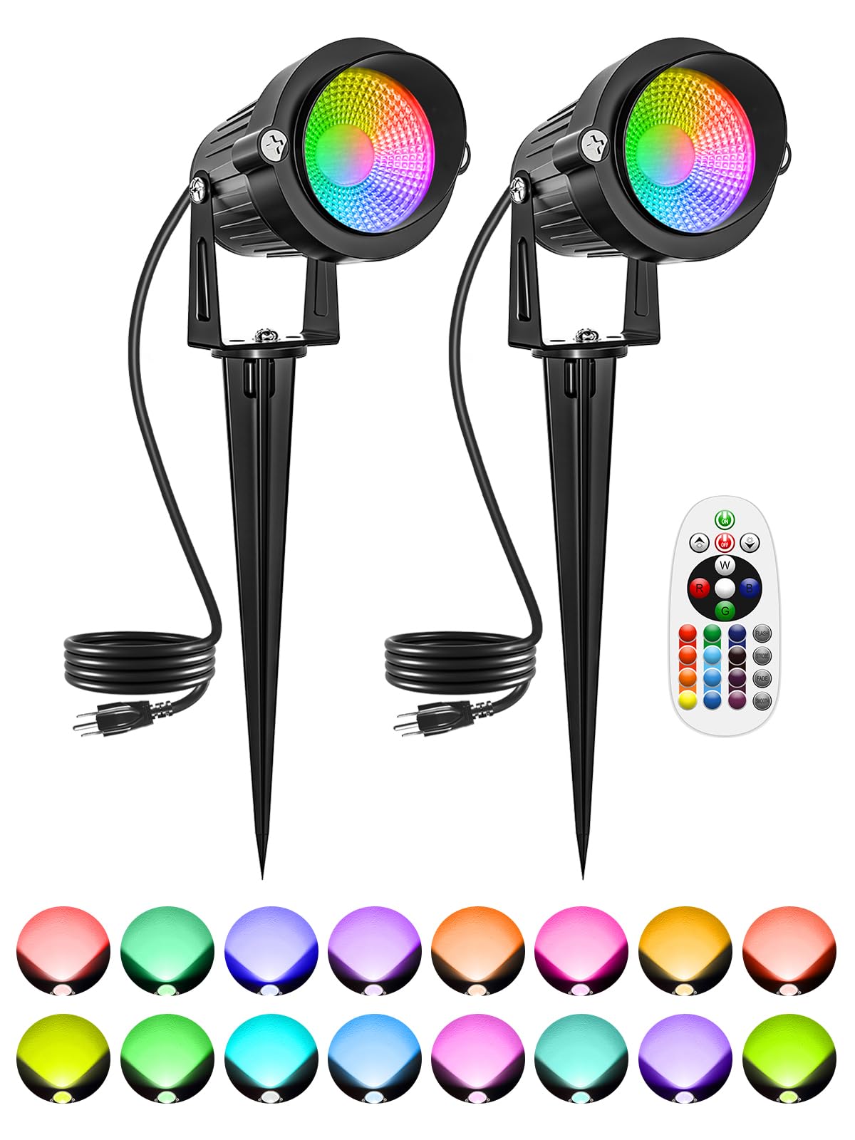 DOREIO RGBW Outdoor Spotlights, 10W Color Changing LED Landscape Lights, 2 Pack, Aluminum, Model HL-2R, Waterproof