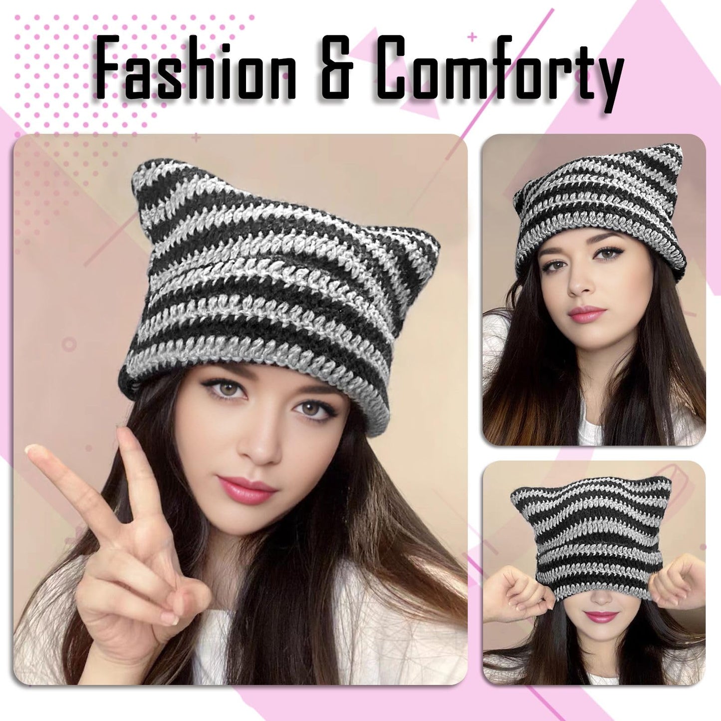 Y2K Beanie for Women Crochet Hat with Cat Ear Cute Fox Hat Vintage Grunge Accessories Knit Cap Slouchy Beanie Green