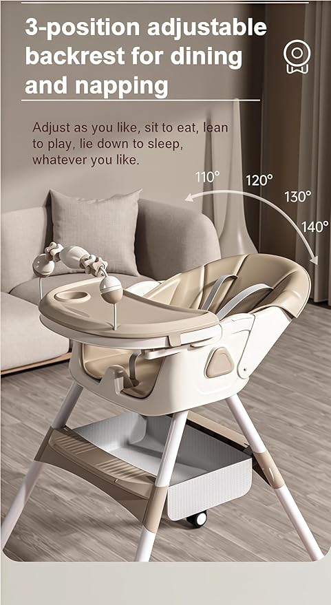 PU Leather Baby High Chairs with Rocking Mode, Foldable Multi-Functional Baby Eating Chair with Adjustable Backrests and Heights, High Chair with Wheels and Double Trays（560 Grey）