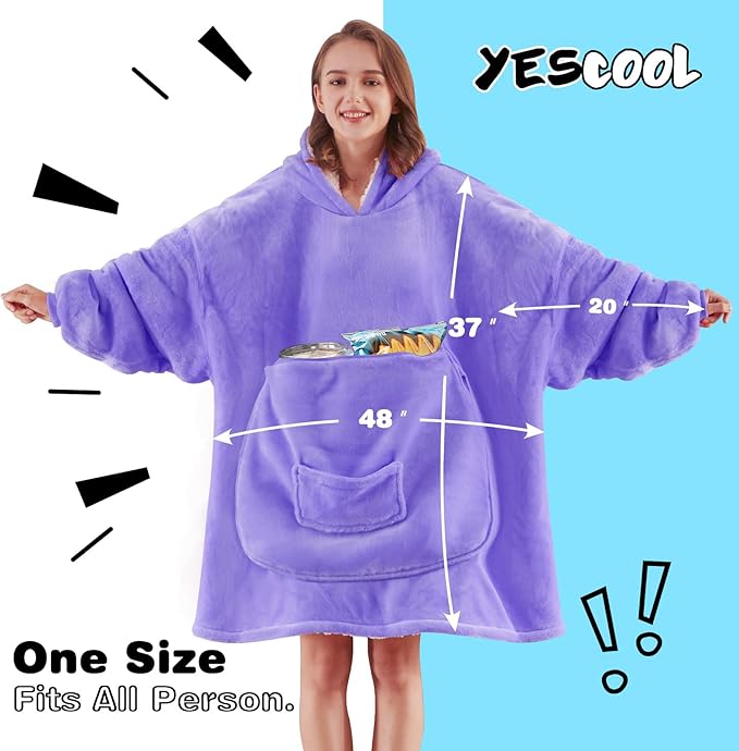 yescool Wearable Blanket Hoodie, Flannel Sherpa Fleece Blanket Sweatshirt for Adults Women Men,One Size Fits All