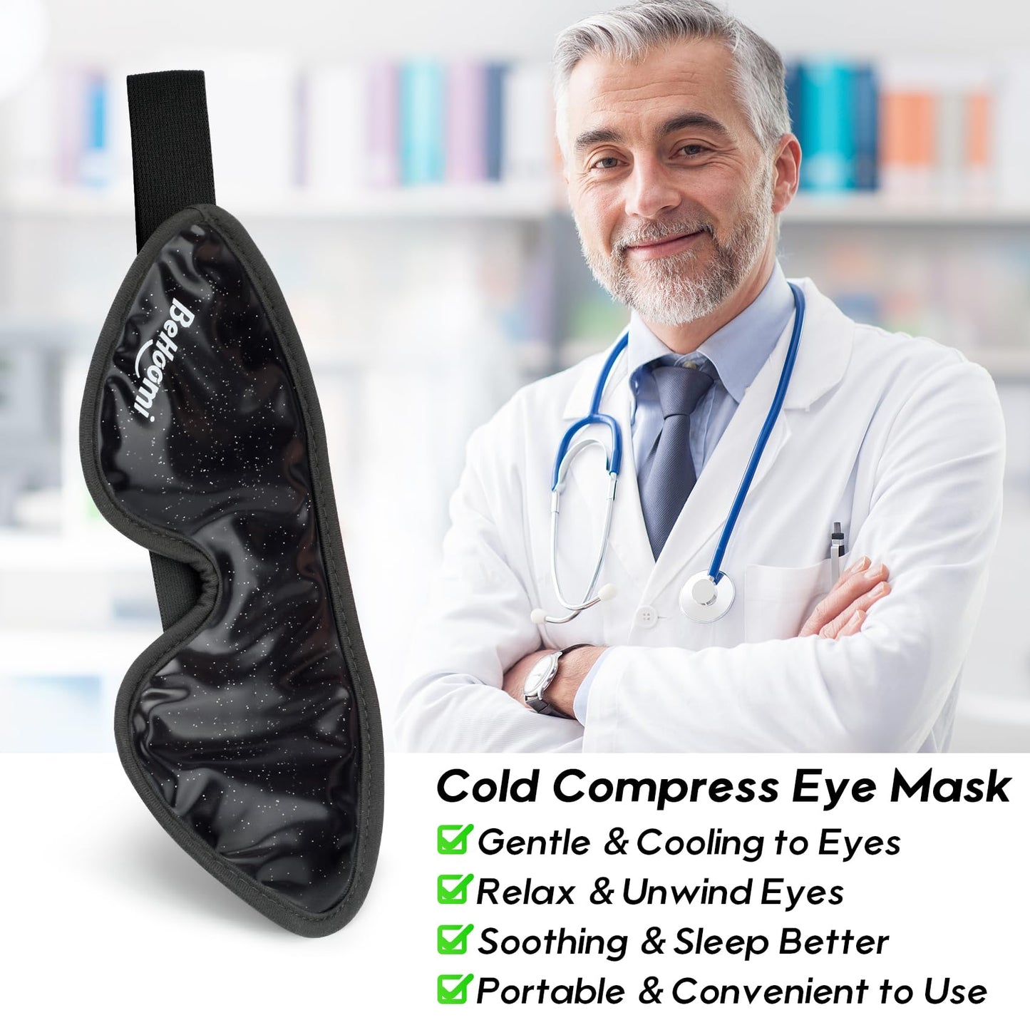 BeHoomi Cooling Eye Mask, Gel Eye Mask Cold Eye Ice Pack, Reusable Ice Mask, Cool Relaxation, No Freeze, Comfort Snug Fit, Cold Eye Compress for Home Spa, Office, Morning Refreshment, Black