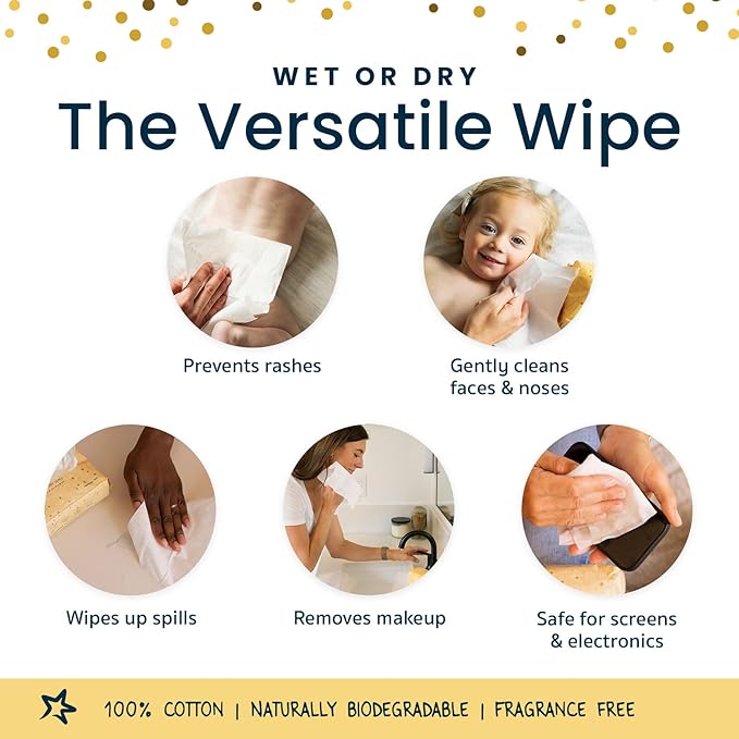 Tiny Twinkle 100% Cotton Dry Wipes for Baby | 480 Count | Use Wet or Dry | Scent Free (Fragrance-Free), Hypoallergenic & Chemical-Free | Ultra Soft, Strong & Gentle for Sensitive Skin