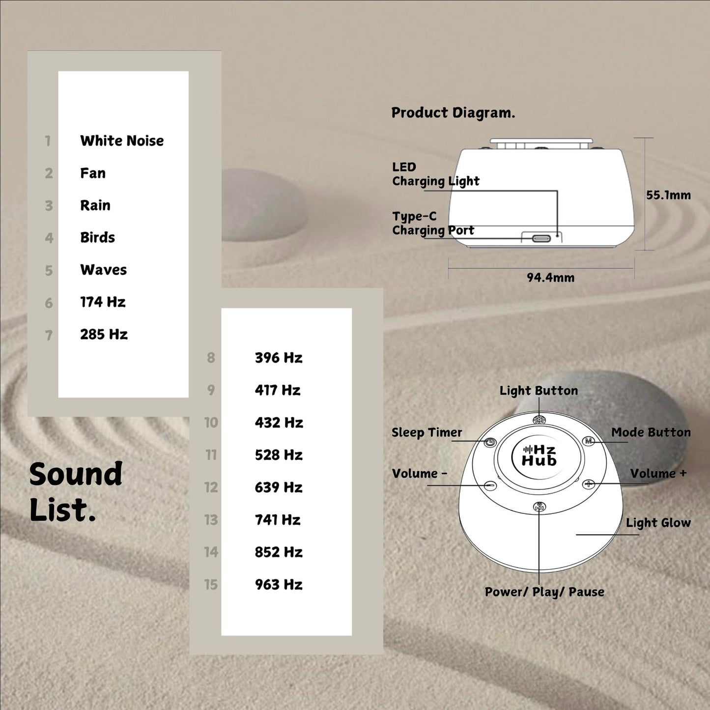 Hz Hub Solfeggio Hertz Frequency Vibrational Sound Healing & White Noise Portable Sound Machine. Meditation/Sleeping/Yoga/Study/Relaxing 15 Calming Sounds. Frequency Generator for Healing.