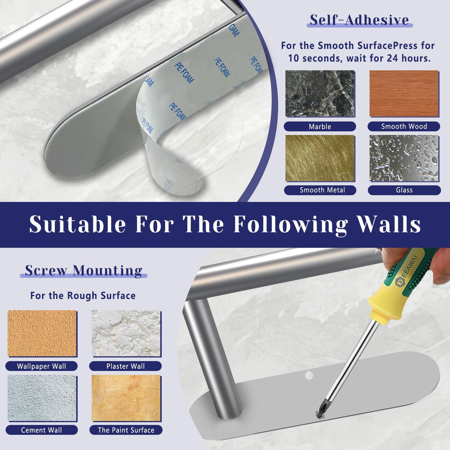 Paper Towel Holder, Self Adhesive or Drilling Paper Towel Holder Under Cabinet, Stainless Steel Silver Paper Towel Holders Wall Mount for Kitchen, Bathroom, Sink, Pantry, Fridge