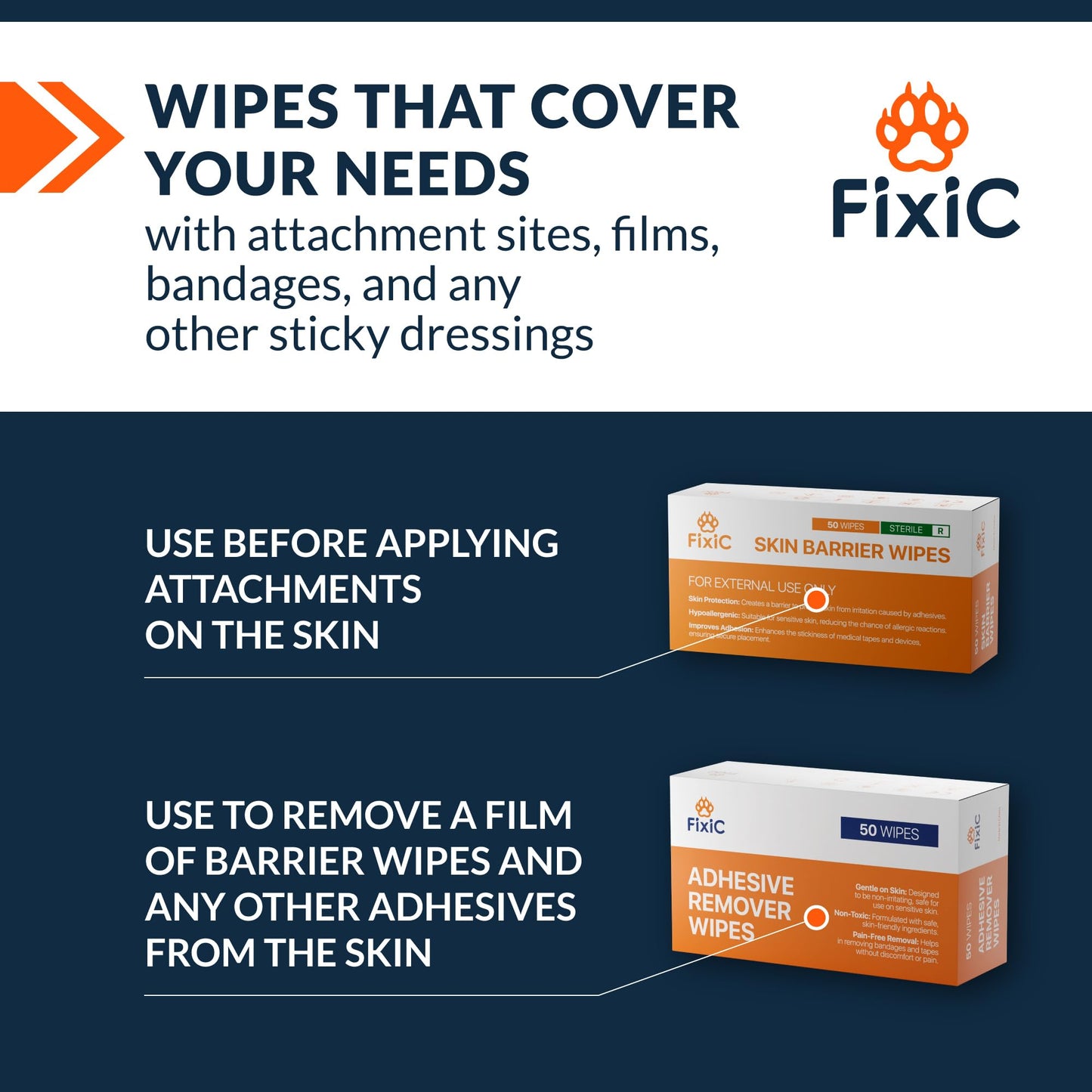 Fixic Skin Barrier Wipes - 50 PCS - Premium Skin Prep Protective Wipes - Skin Adhesive Wipes to Create the Barrier between Skin and Attachments - Skin Glue Wipes to Increase the Adhesive Tape Effect!