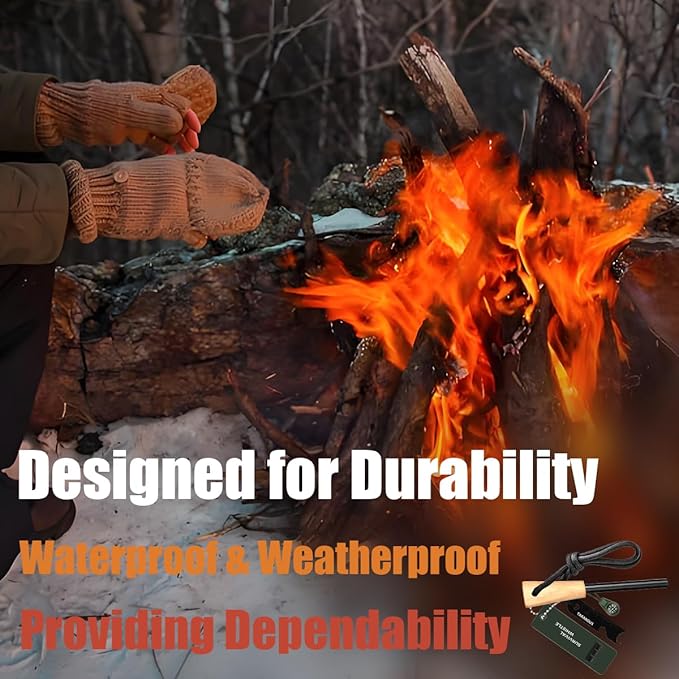 Ferro Rod Fire Starter Survival Tool – 3/8" Thick Fire Steel with 20,000 Strikes – Waterproof Flint and Steel Kit, Ferro Rod with Striker Wood Handle, Lanyard, Compass, and Emergency Whistle