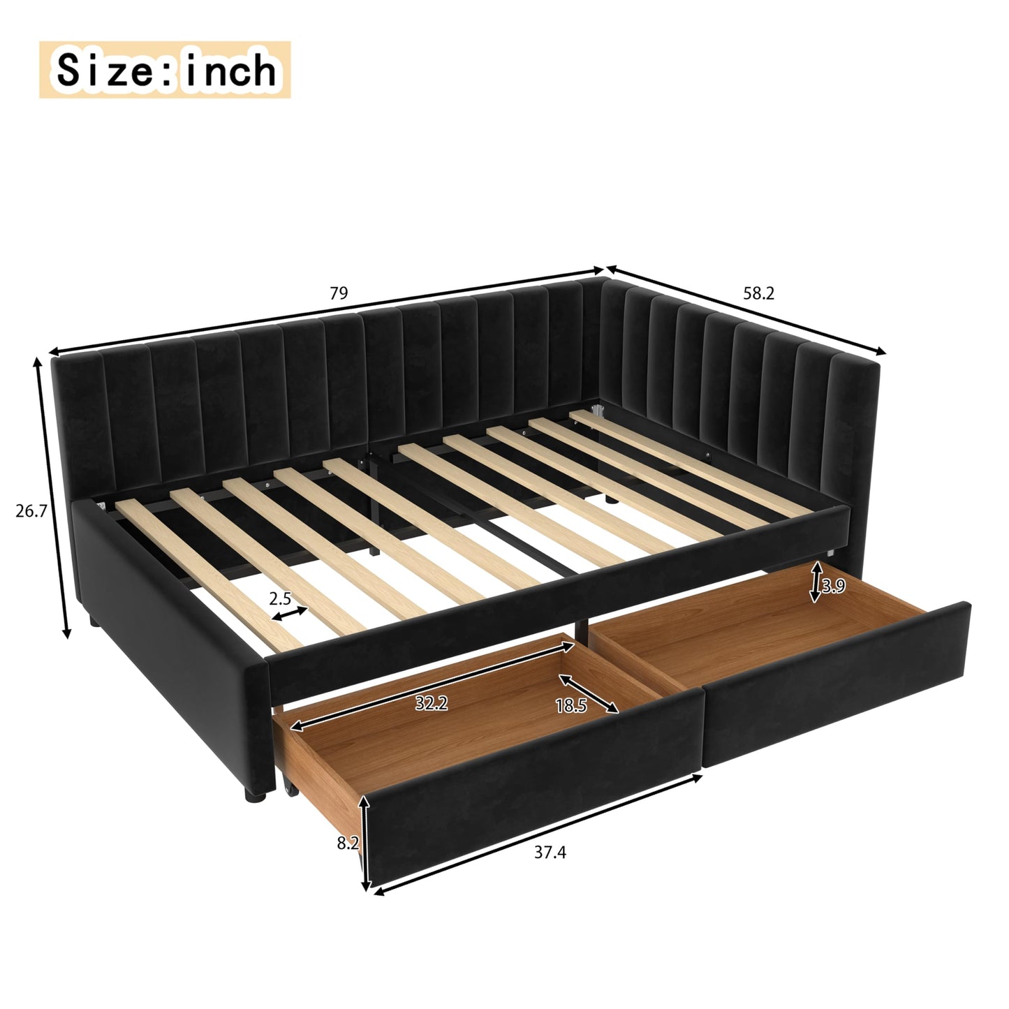 GDFStudio Twin Size Daybed with Trundle, Upholstered Platform Bed Frame with LED Light, Storage Shelves, USB Charging Station, Velvet Twin Bed Frame with Slat Support, No Box Spring Needed, Dark Grey