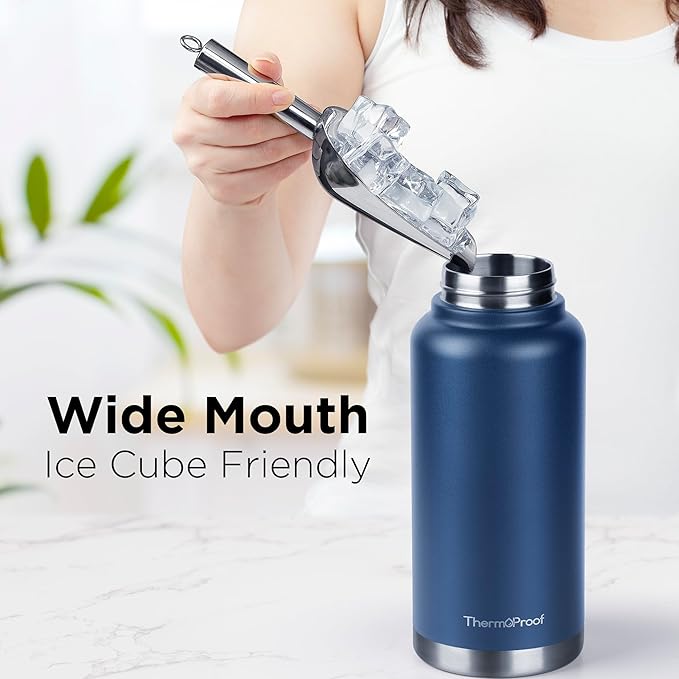 ThermoProof Double Walled Vacuum Insulated Stainless Steel Water Bottle - 32oz, Straw Lid & Spout Lid - Leak Proof - Gym, Hiking Bottles for Men, Women & Kids - Hot & Cold (Navy 32oz)