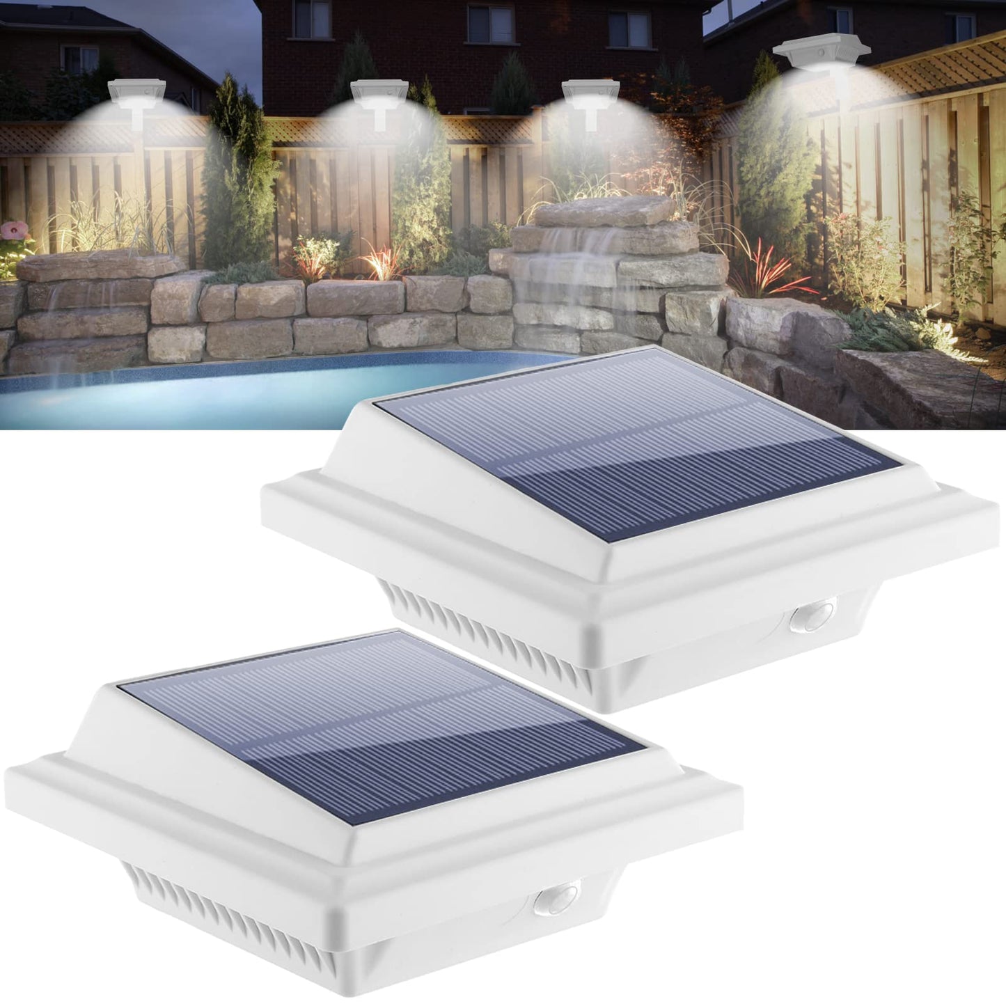 KEENZO Outdoor Solar Lights - 2pcs LED Gutter Lights, 25 Cool White LEDs, Waterproof, for Garden, Patio, White, Model 25GU-WCW