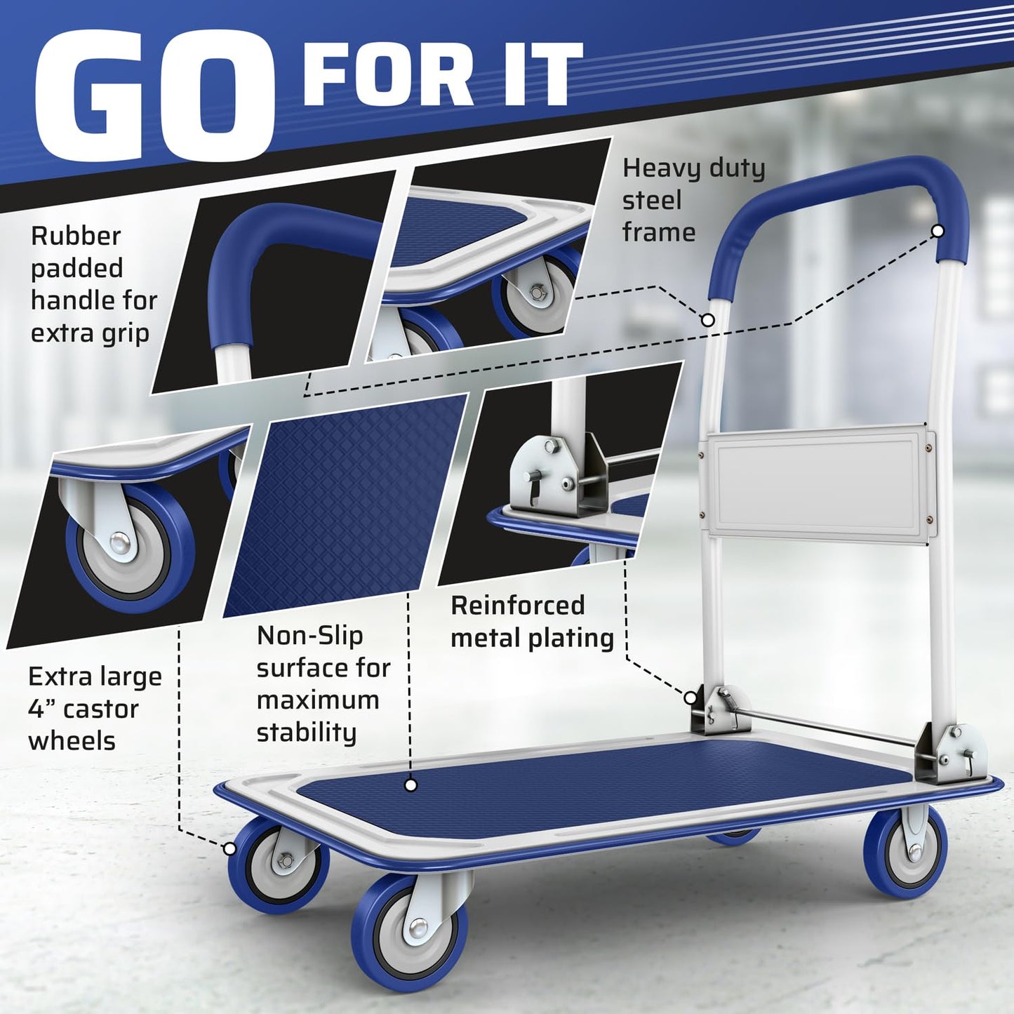 Heavy Duty Foldable Push Cart Dolly | 330 lbs. Capacity | Upgraded Collapsible Hand Truck Folding Platform with Swivel Wheels | Flat Bed Moving Wagon | Space Saving Push Handle (Blue)