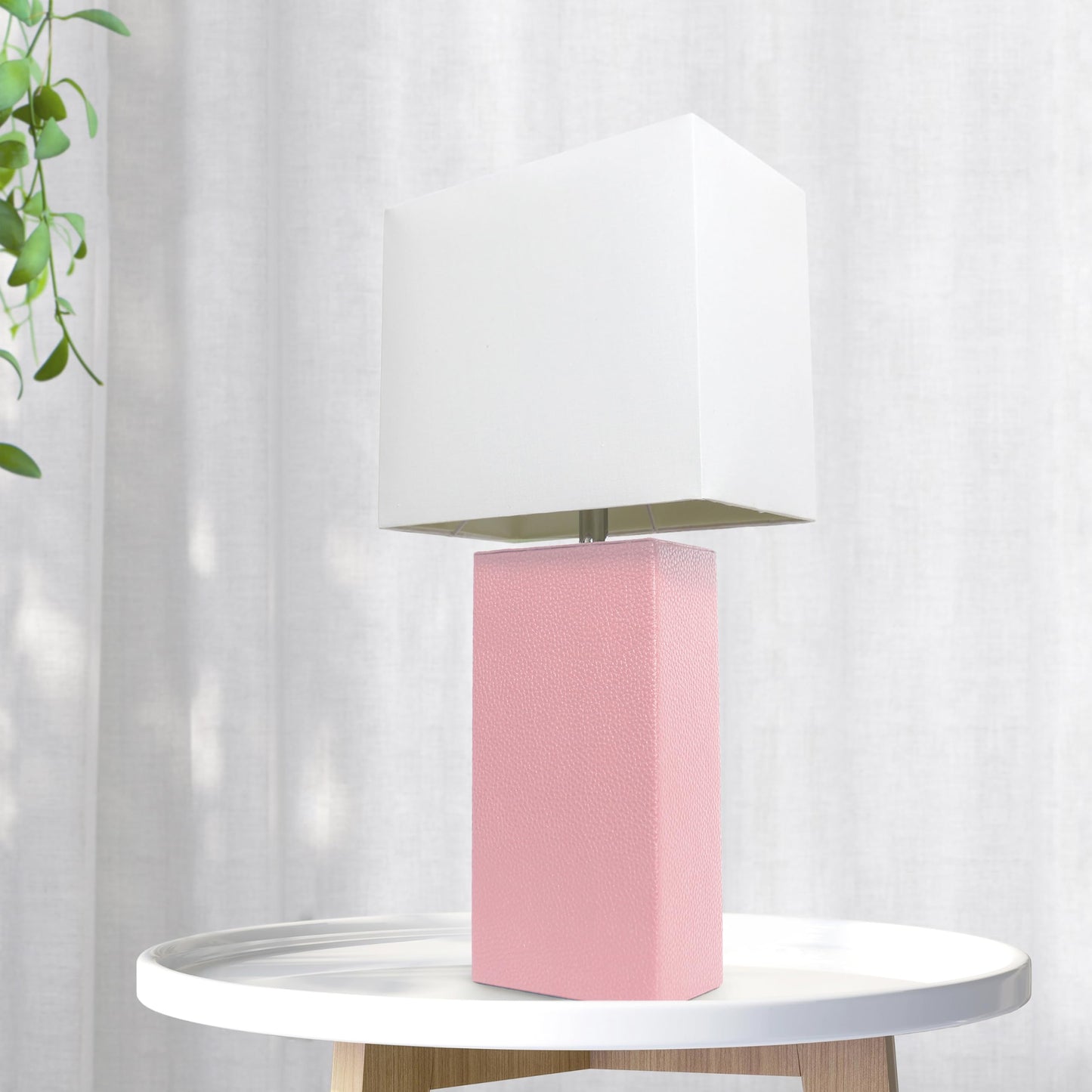 LALIA HOME Leather Base Bedside Table Lamp, 21in, Pink, White Fabric Shade, Model LHT-3008