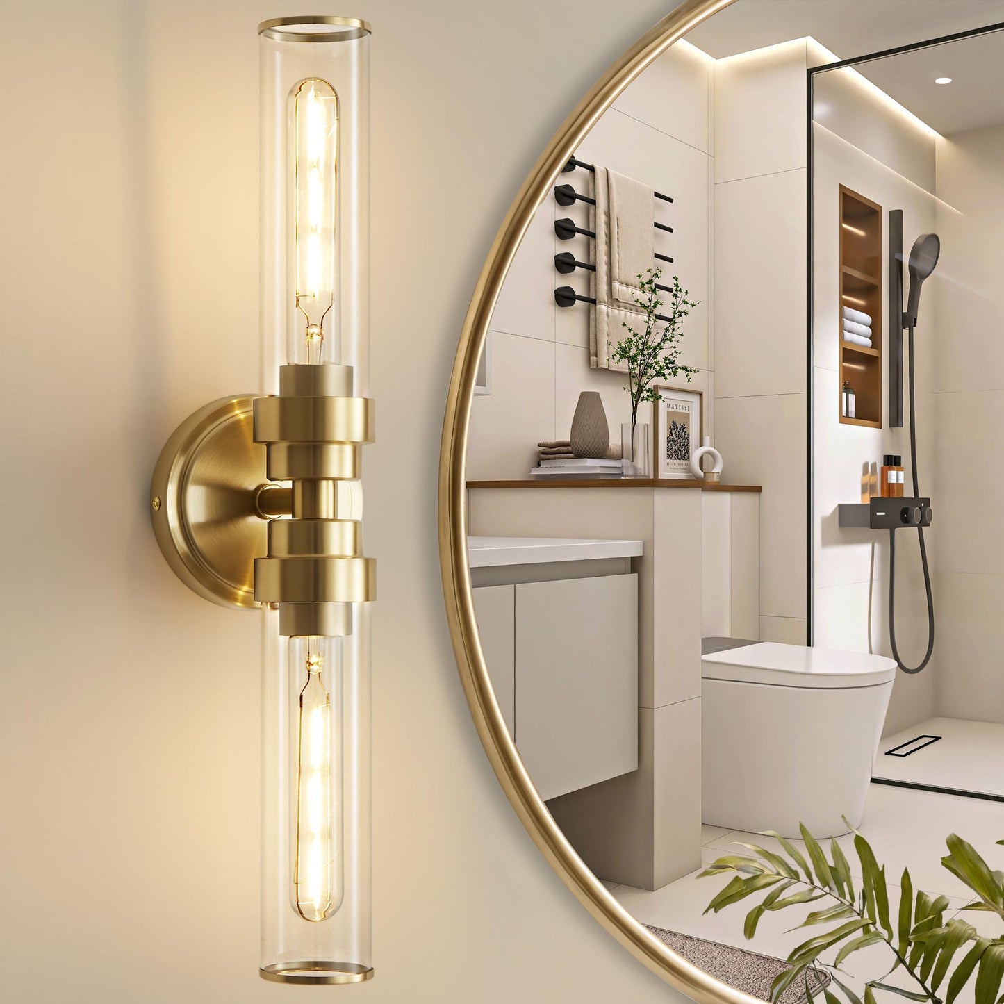 Vaziden Bathroom Light Fixtures  Gold Wall Sconce In Clear Glass Vanity Lights  Modern Bathroom Vanity Light Up And Down Sconces Wall Lighting For Living Room  Hallway  Bedroom - Bulb Not Included