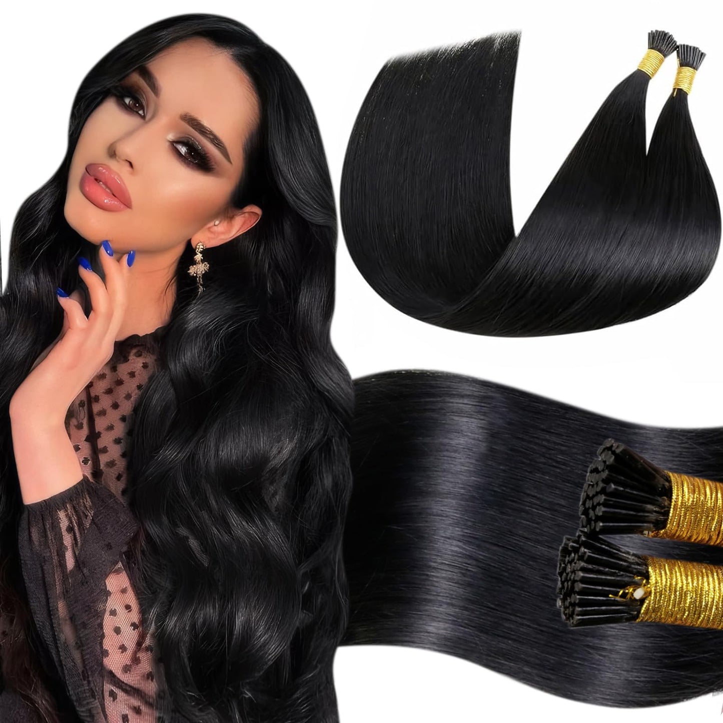 LaaVoo I Tip Hair Extensions Human Hair Jet Black Itip Human Hair Extensions Black I Tips Hair Extensions Real Human Hair Black