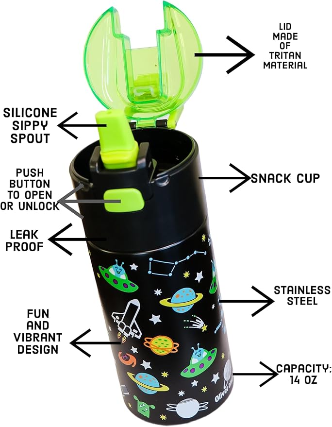 Kids insulated water bottle with straw and snack cup. Double wall stainless steel 14oz (black and green space)