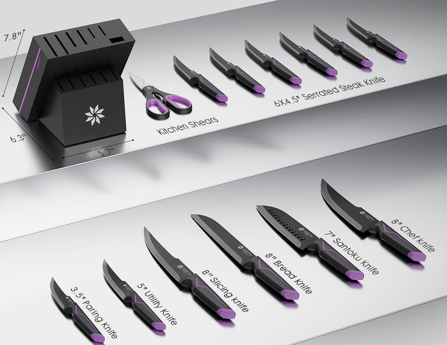 Knife Set - 15 PCS Kitchen Knife Set with Built-in Knife Sharpener Block - Stainless Steel Knife Block Set - Dishwasher Safe, Christmas Elegant Box for Men Women