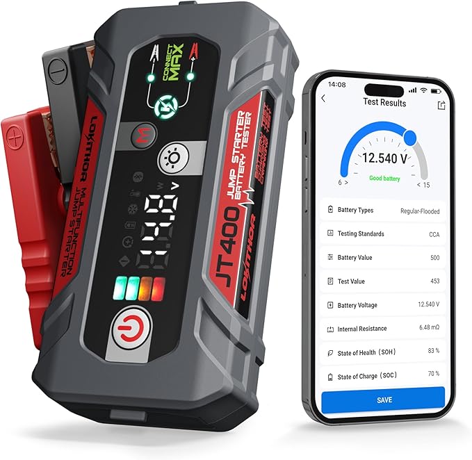 LOKITHOR JT400 Jump Starter and Battery Tester, 2500A Car Battery Booster, Portable 12V Jump Box for Up to 8.5L Gas or 6.5...