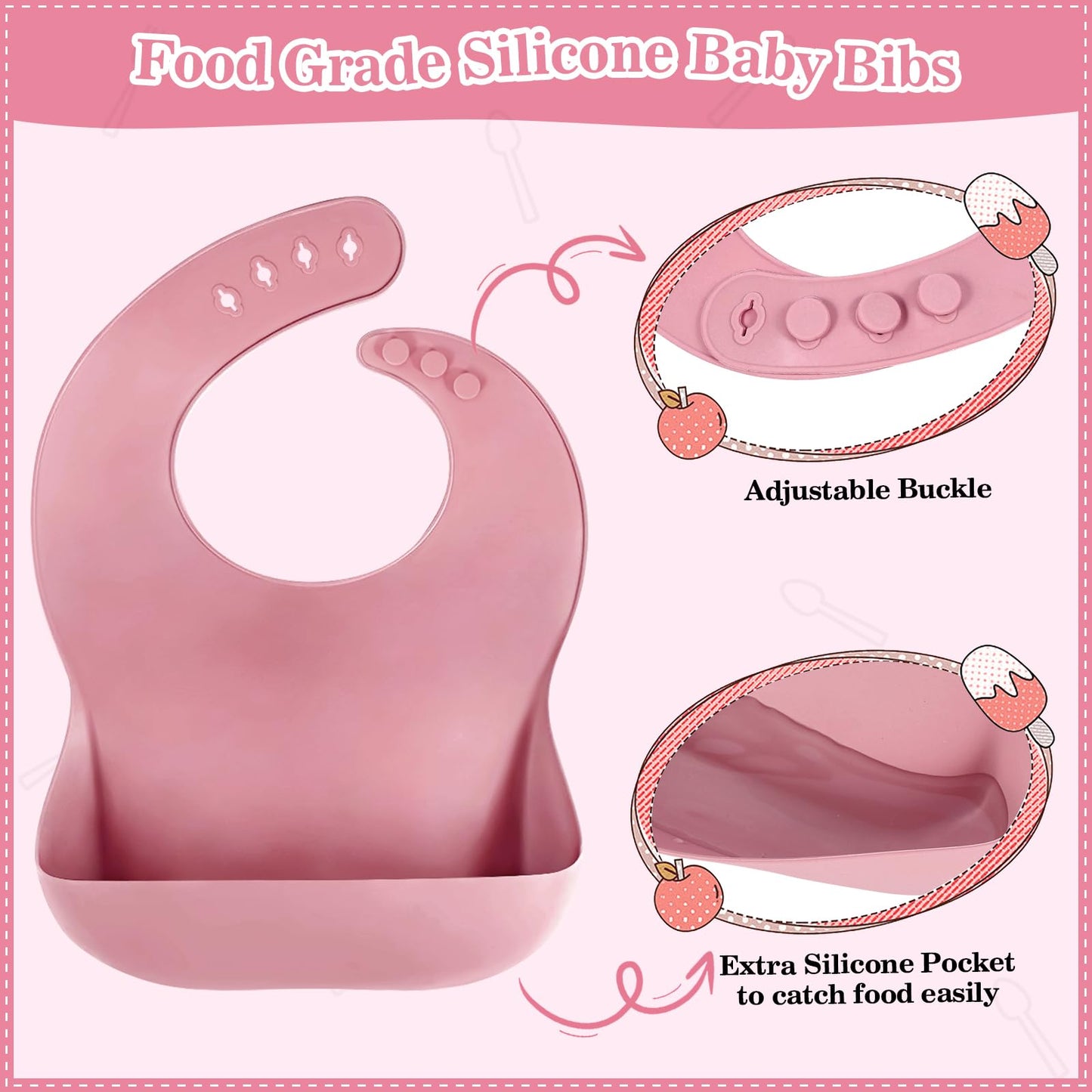 Silicone Baby Feeding Set 10 Pcs Baby Led Weaning Supplies Suction Bowl Divided Plate Baby Bibs Fruit feeder Pacifier Baby Spoons Forks Sippy Cup Utensil Sets Baby Essentials for Newborn （Deep Pink）