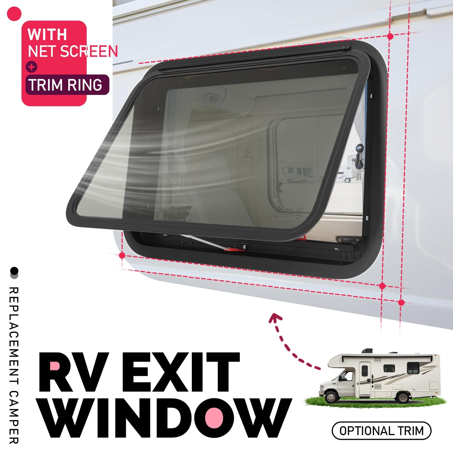 WUTIST RV Exit Window Push Out with Screen & Trim Ring, 30inW x 20inH, Dark Aluminium Tempered Glass, Black Frame & Mesh Screen, Model GO-5158