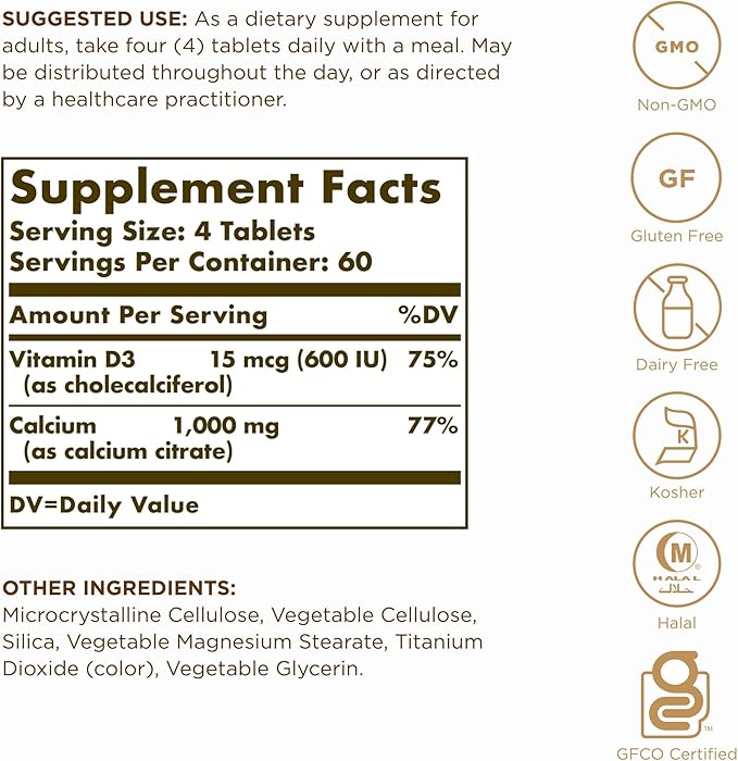 Solgar Calcium Citrate with Vitamin D3-240 Tablets - Non-GMO, Gluten Free, Kosher, Halal - 60 Servings