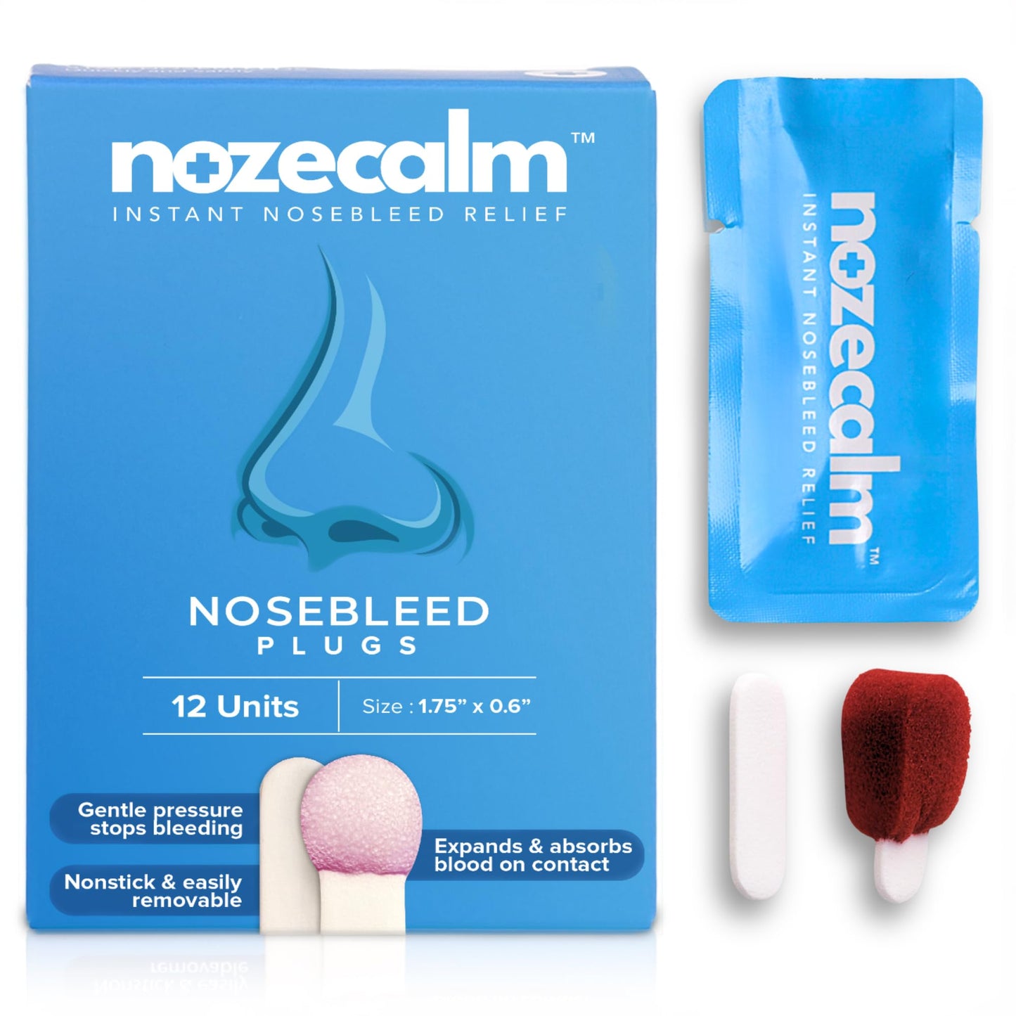 NozeCalm Nose Bleed Stopper - Nasal Plugs for Kids, Adults & Seniors, Instant-Acting Non-Stick Plugs - Disposable Zero-Chemical Bloody Nose Solution for Emergency Supplies & Travel - 12 Counts