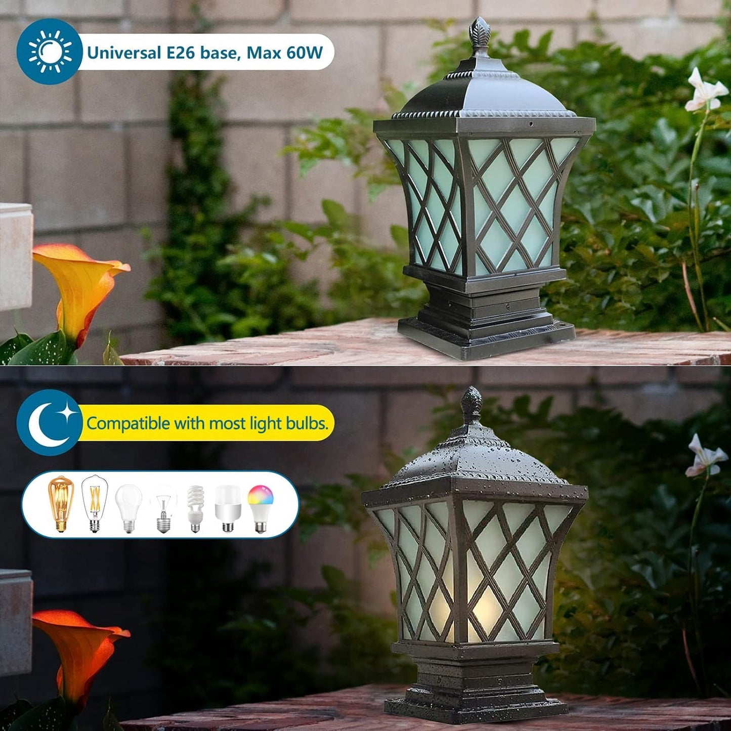 Outdoor Column Lights, 18.9″ Modern Column Lamp IP54 Waterproof Glass Post Light Outdoor E26 Aluminum Fence Post Light Fixtures for Villa Garden Park Lighting Black Pillar Lights