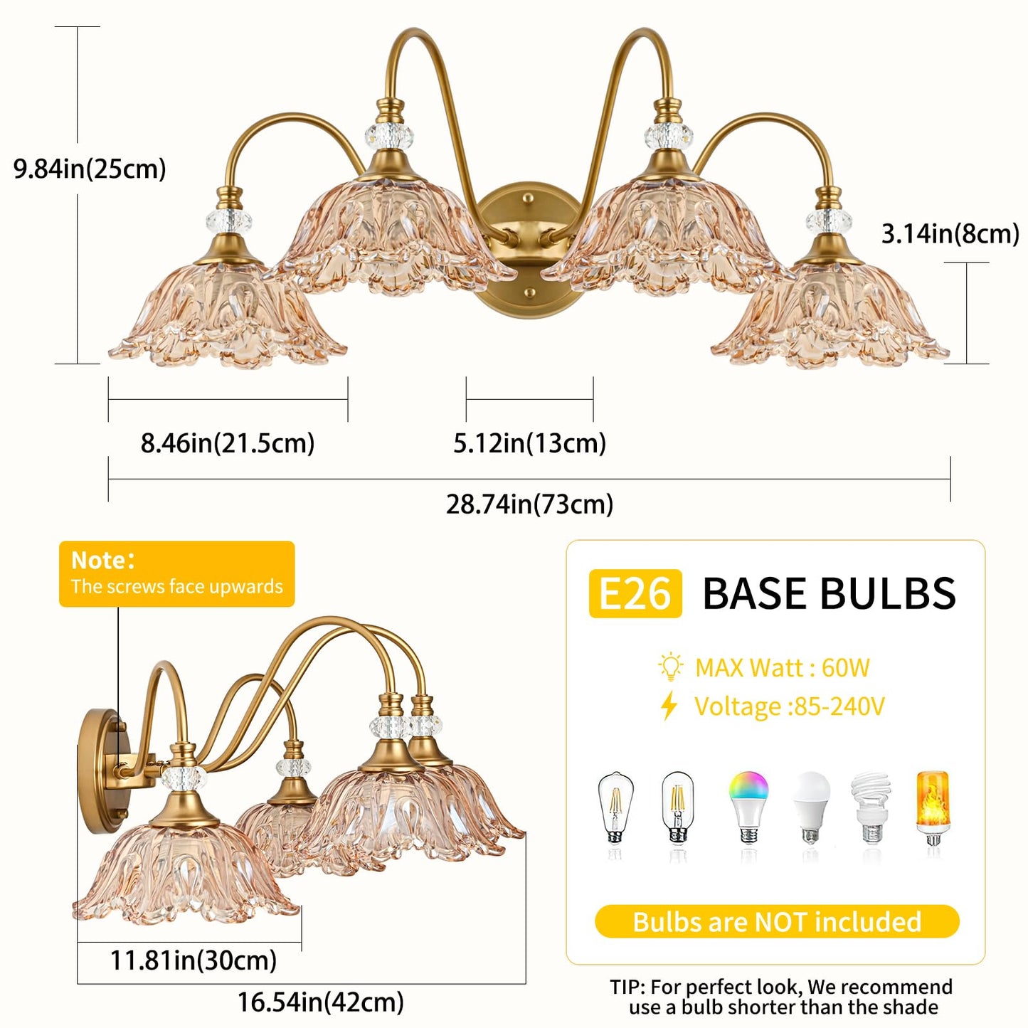 Sunkryster Vintage Bathroom Vanity Light  4-Light Matte Brass Finish Vanity Light With Floral Amber Glass Shades  Retro Wall Mount Lighting For Bathroom  Dressing Table
