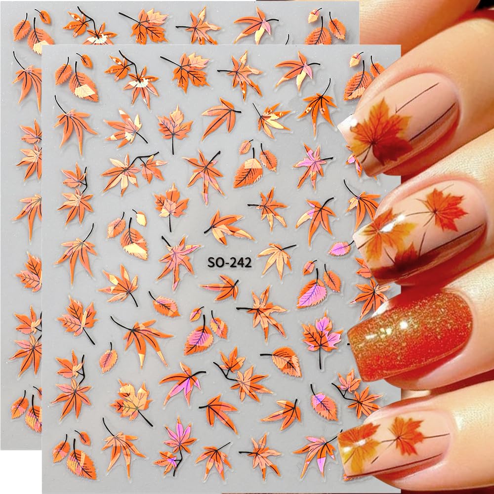 4-Sheet 3D Maple Leaves Nail Art Stickers - Fall Leaves & Maple Leaf Designs - Thanksgiving & Autumn Themed Nail Decals